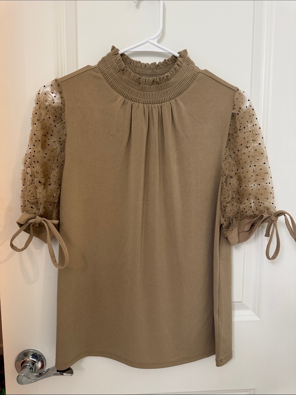 Cato Tan Puff Sleeve Ruffle Neck Blouse